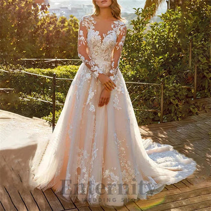 Enternity Fashionable A-line Wedding Gown For Bride Full Sleeves Court Train O-neck Lace Appliques vestidos de novia Customized Good Vibrations