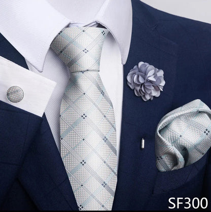 Luxury Mens Ties Floral Black Gold Ties Paisley NeckTie Pocket Square Cufflinks Brooch Set Men's Wedding Party Tie Good Vibrations
