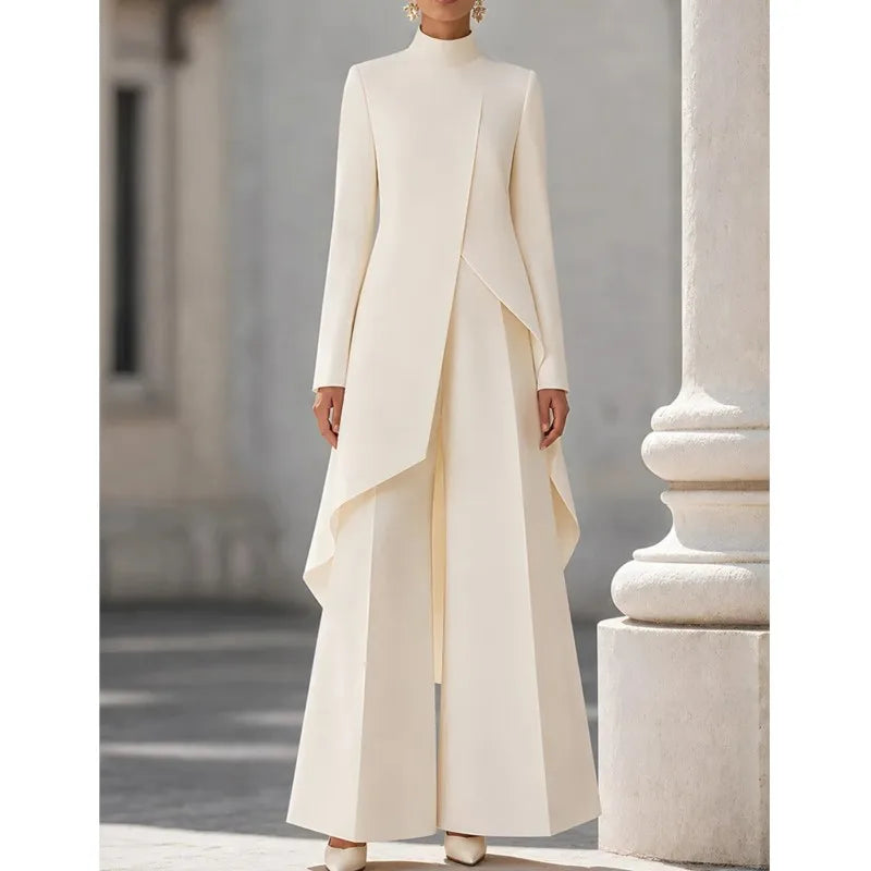 Woman's Autumn Stand Collar Top With Wide Leg Pants Two-piece Set Fashion Solid Irregular Long Top Suit Lady Chic Office Outfit Good Vibrations