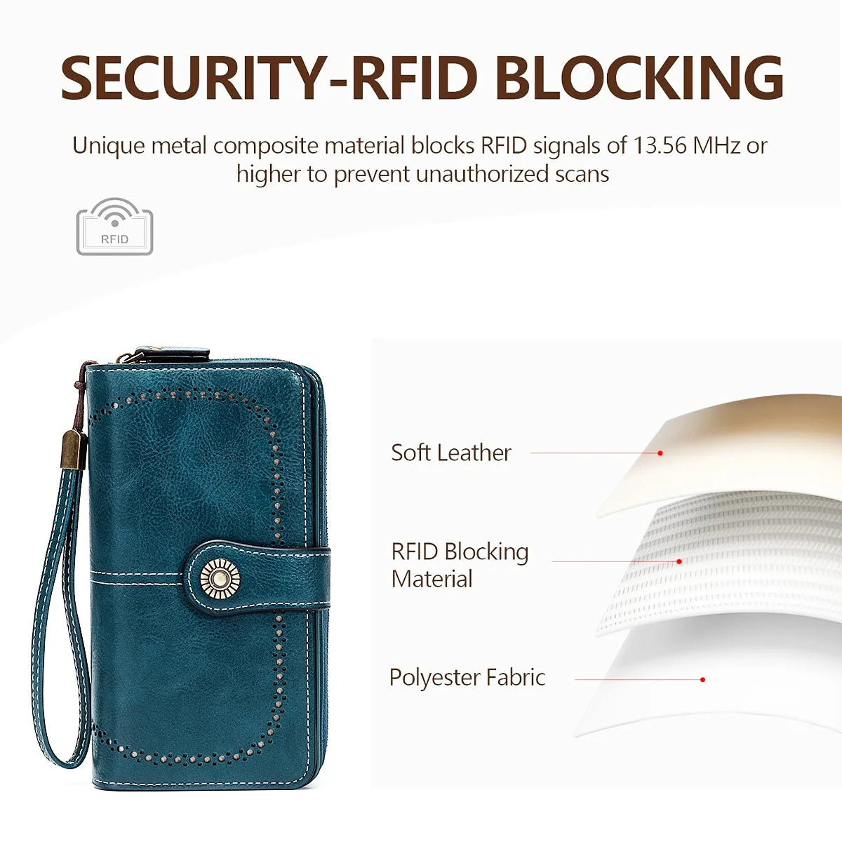 Rfid Anti-Theft Wallet for Men and Women, European and American Retro Leather Long Wallet Clutch, Oil Wax Leather Cut Out Multi-Card Slot Wallet, Large Capacity Zipper 70% off Clutch Bag, Card Holder Coin Purse Hand Bag Good Vibrations