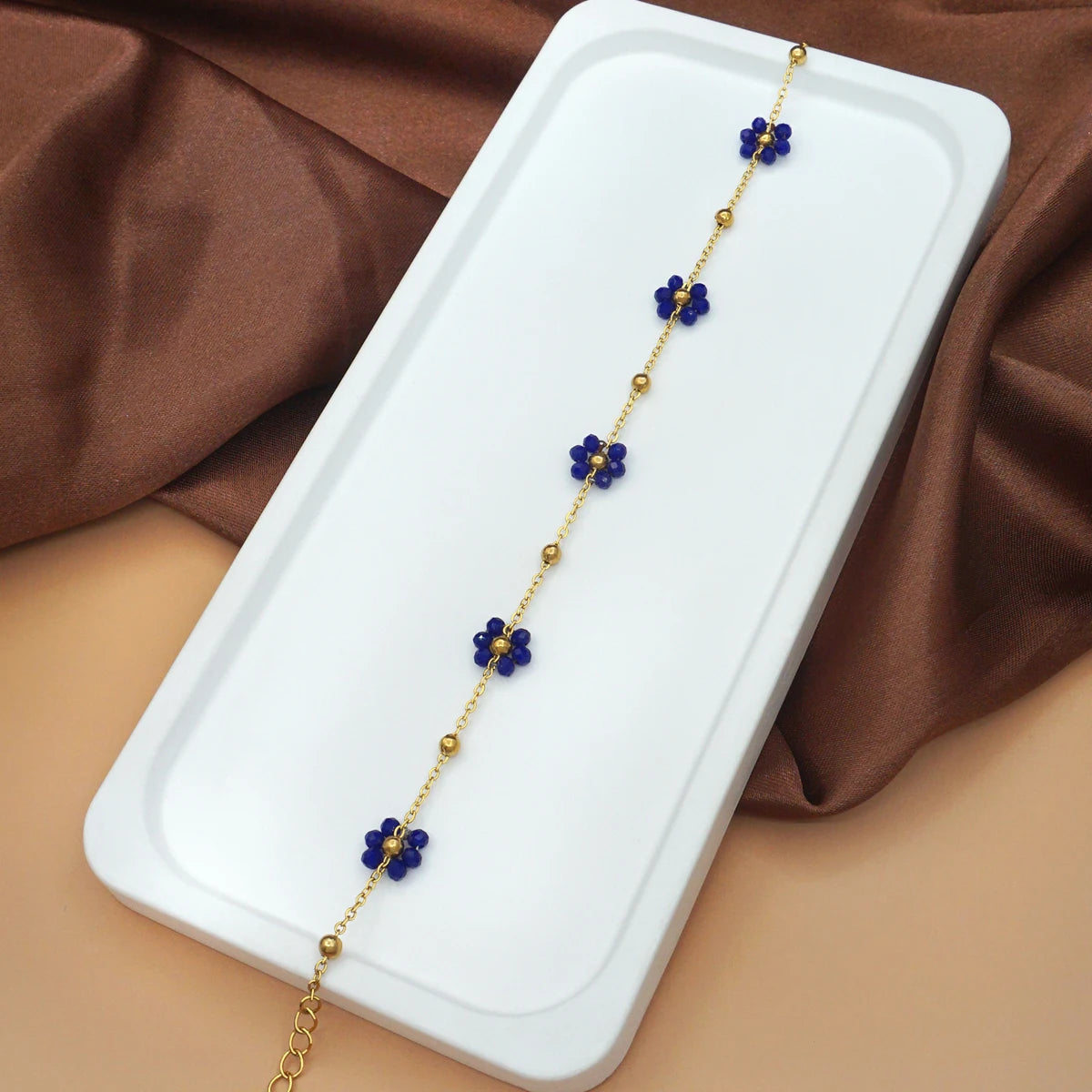 Gifts for Her: Women's Navy Blue Small Floral Charm Bracelet, Birthday Valentine Christmas Halloween Gift Good Vibrations