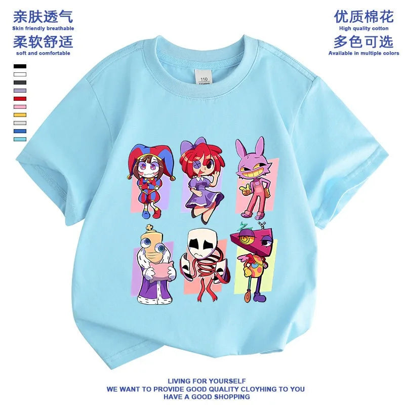 2026 Pure cotton boys and girls' short-sleeved T-shirt summer children's clothing cartoon magic digital circus children's top Good Vibrations