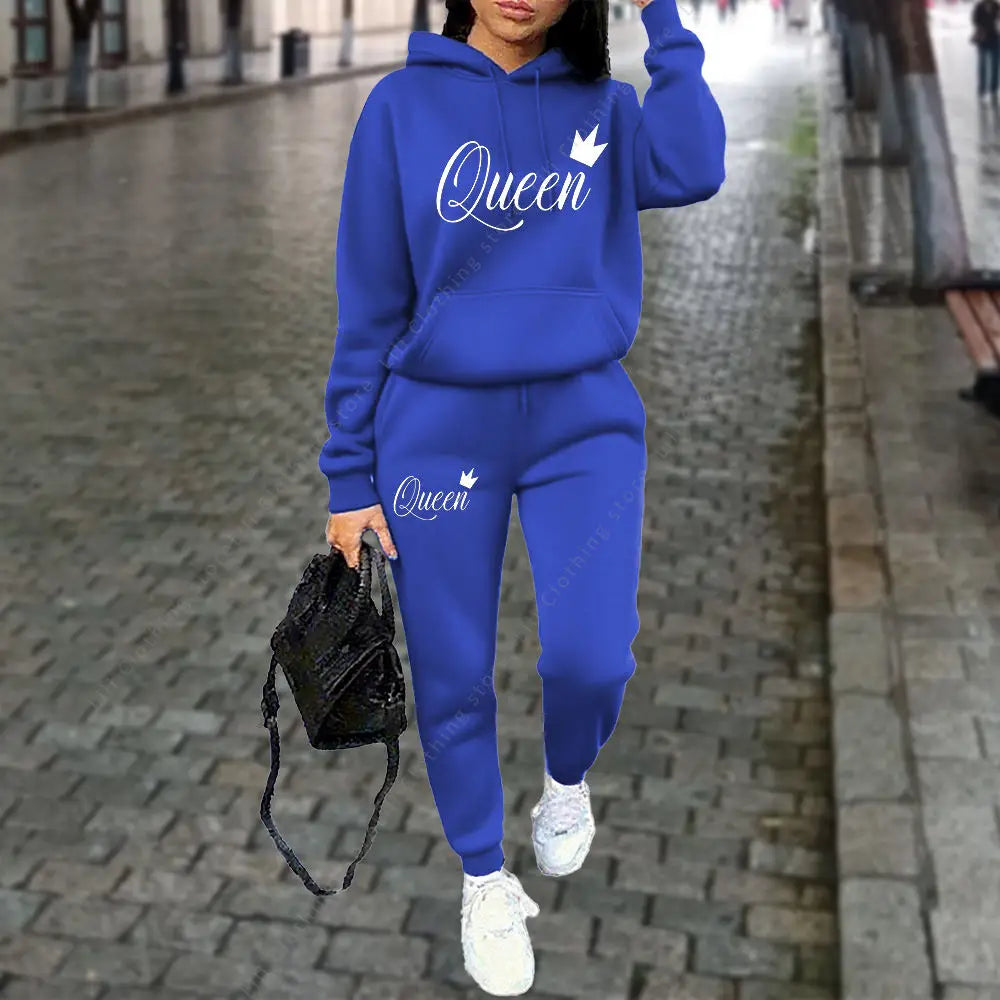 Queen Letter Graphic Print Women's Sets Hoodies Pants 2pcs Suit Autumn Winter Sports Jogging High quality Aesthetic Tracksuit Good Vibrations