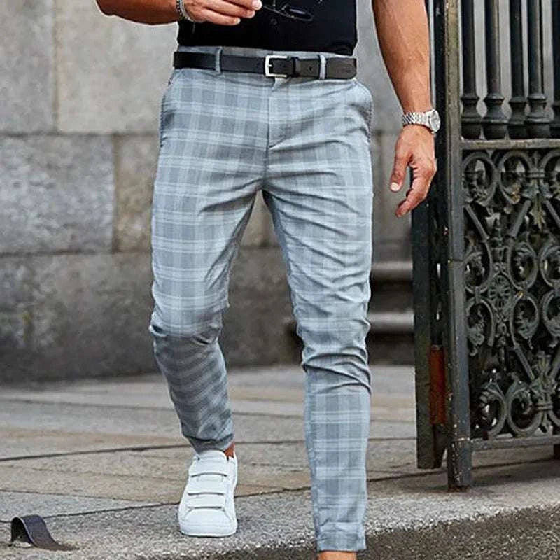 Suit Pant Men Long Pants Plaid Mid Waist Simple Slim Fit Zipper Splice Casual Regular Autumn Winter 2024 Straight Trousers Good Vibrations