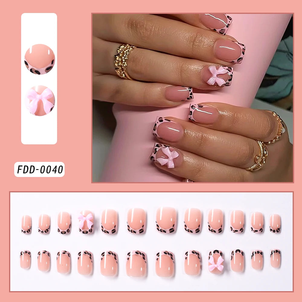 24Pcs Short Square Coffin False Nails French Glitter Wearable Fake Nails Acrylic Full Cover Women Ballet Press on Nails Tips Good Vibrations