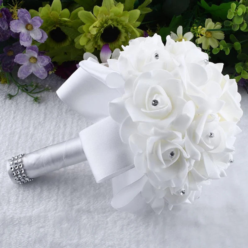 1Pc Rose Bouquet Bridal Wedding PE Foam Flower Ribbon Wedding Simulation Bouquet With Faux Crystal for Party Church Decor Good Vibrations