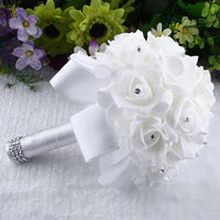 1Pc Rose Bouquet Bridal Wedding PE Foam Flower Ribbon Wedding Simulation Bouquet With Faux Crystal for Party Church Decor Good Vibrations