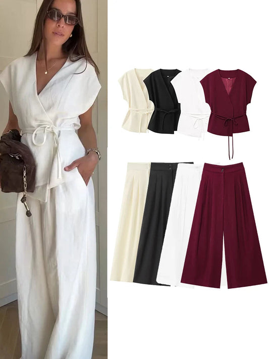 TFMLN Fashion Women's Trouser Suits Sleeveless V-Neck Top With Belt Straight Pants Sets 2025 Spring Summer Commuter 2 Piece Set Good Vibrations