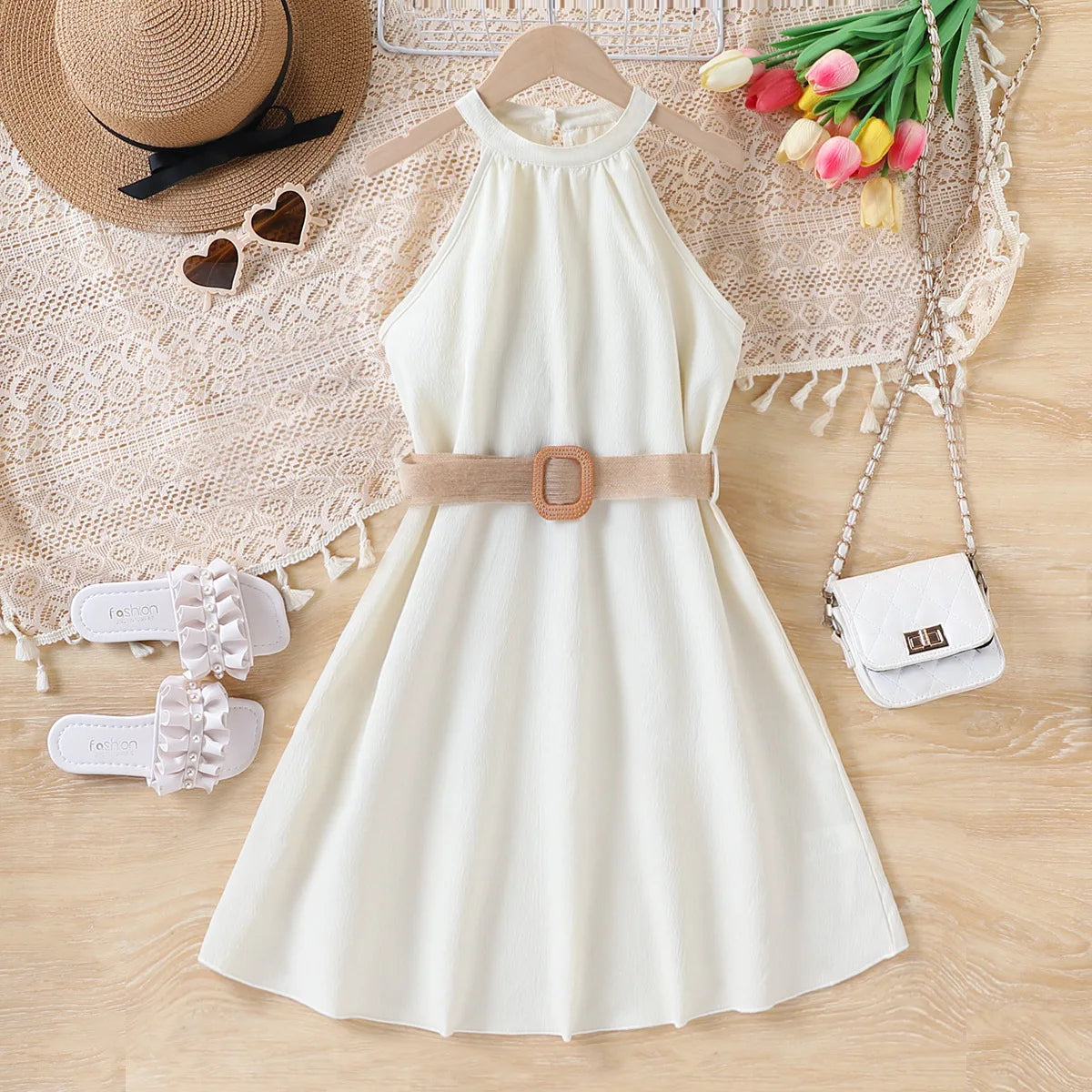 Prowow Girls Party Dresses Sleeveless Belted Halter Neck Hem Dress Holiday Beach Children's Clothing Teenagers Dress For Girls Good Vibrations