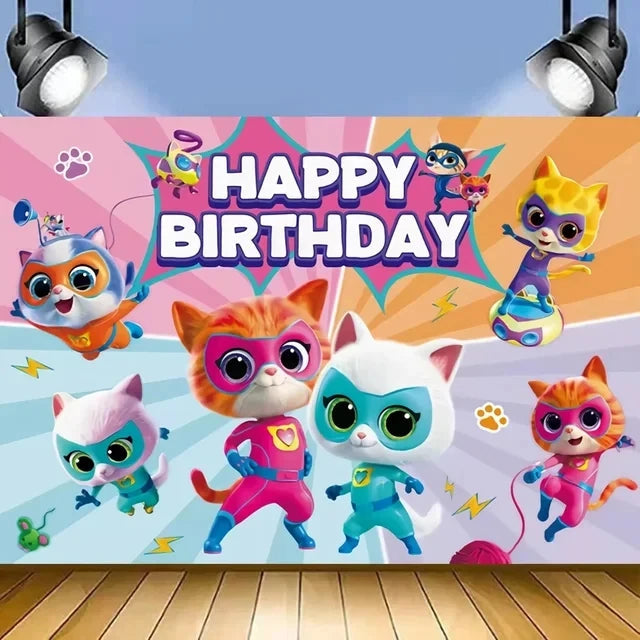 Cartoon Superkitties Birthday Party Decorations Balloons Disposable Tableware Set Paper Plates Banner for Baby Shower Kids Gifts Good Vibrations