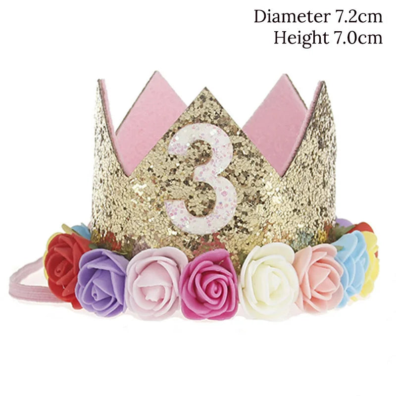 Baby Birthday Decoration Girl 1 2 3 Years Crown Hat Pink White Flower Sequins Crown 1st birthday Photo Prop Happy Birthday Gifts Good Vibrations