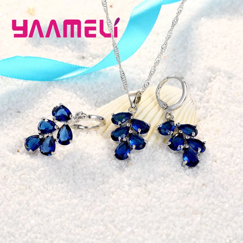 Anniversary Gift For Women Trendy 925 Sterling Silver Color Jewelry Sets Cubic Zirconia Pendants Necklaces Charm Hoop Earrings Good Vibrations Adult Super Store