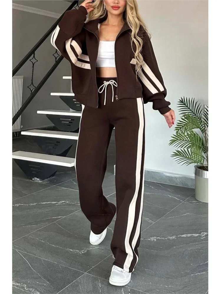 2025 Autumn Winter New Two-piece Set Women's Zipper Striped Loose Jacket Outwear And High Waist Side-striped Pants Sports Sets Good Vibrations