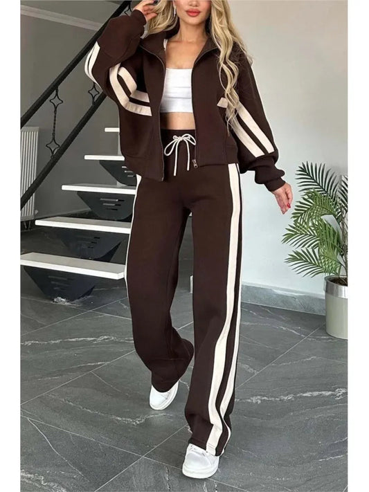 2025 Autumn Winter New Two-piece Set Women's Zipper Striped Loose Jacket Outwear And High Waist Side-striped Pants Sports Sets Good Vibrations