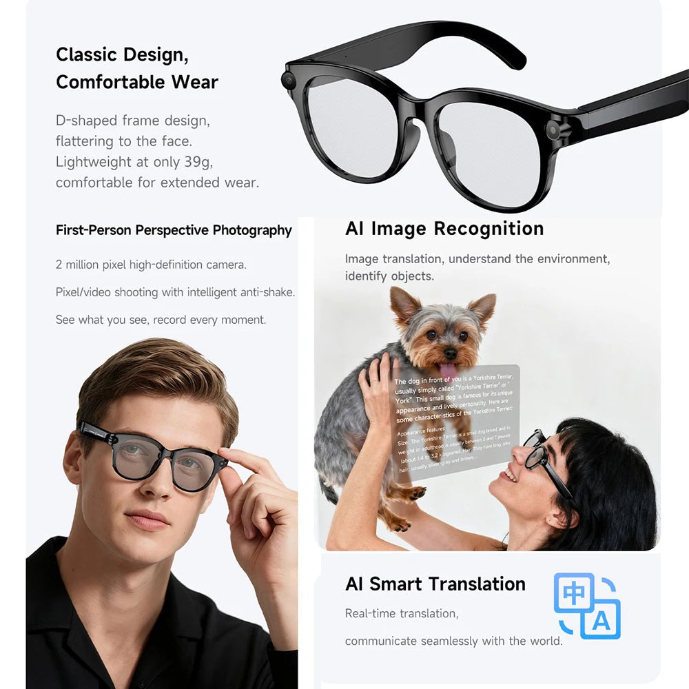 AI Smart Glasses Real-time Translation Dual Camera Bluetooth Call Sunglasses Shoot Audio Video Music Player Multifunctional Men Good Vibrations