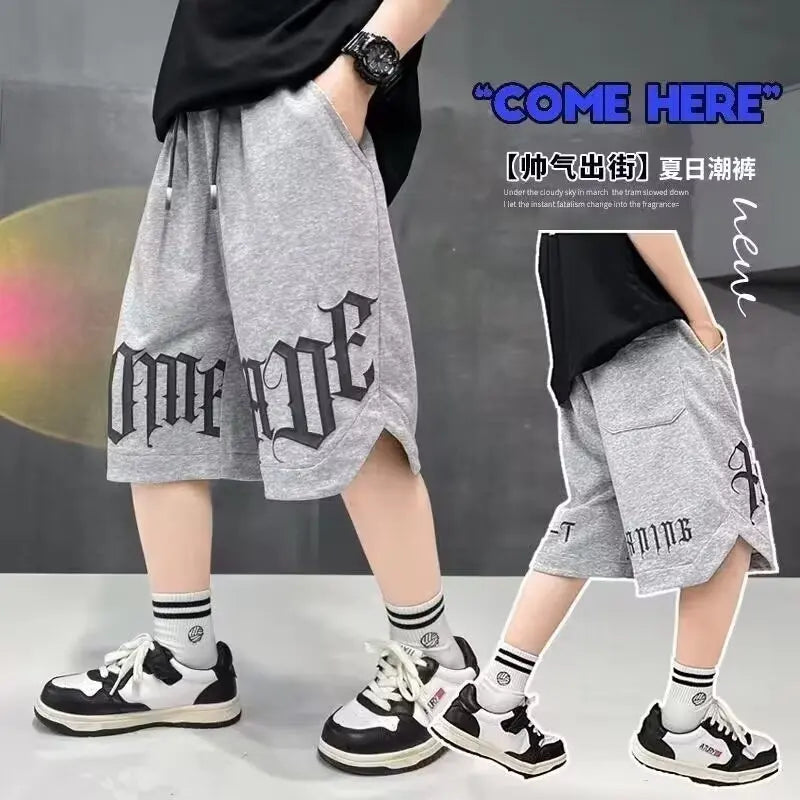 Loose Style Children Summer Shorts for Boy New Letter Print Short Pants Outdoor Casual Sports Shorts Korean Children's Clothing Good Vibrations