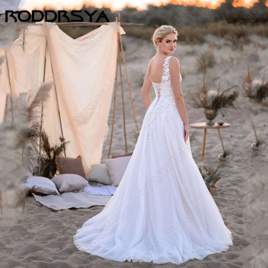 RODDRSYA Customized Boho Sleeveless Wedding Dress Applique V-Neck vestidos de novia Sweep Train Tulle A Line Corset Wedding Gown Good Vibrations