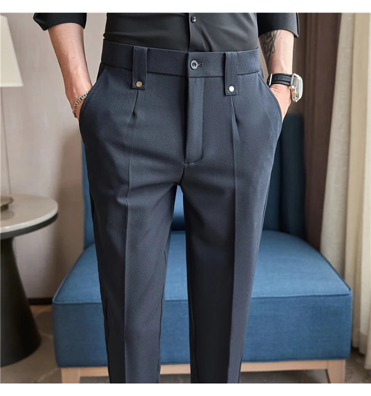 Mens Suit Pants 2025 Autumn New British Style Elastic Waist Solid Casual Formal Dress Pants Slim Fit Trousers for Men Clothing Good Vibrations