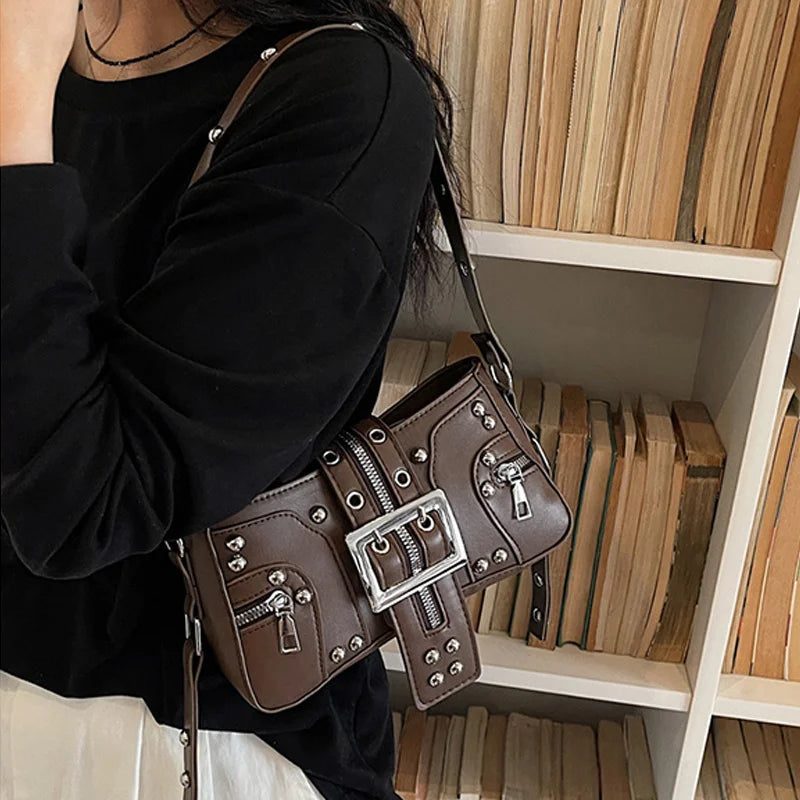 Shoulder Bag for Women Punk Style Purse PU Leather Rock Fashion Handbags with Rivet Small Trendy Armpit Purse Bolso Mujer сумка Good Vibrations