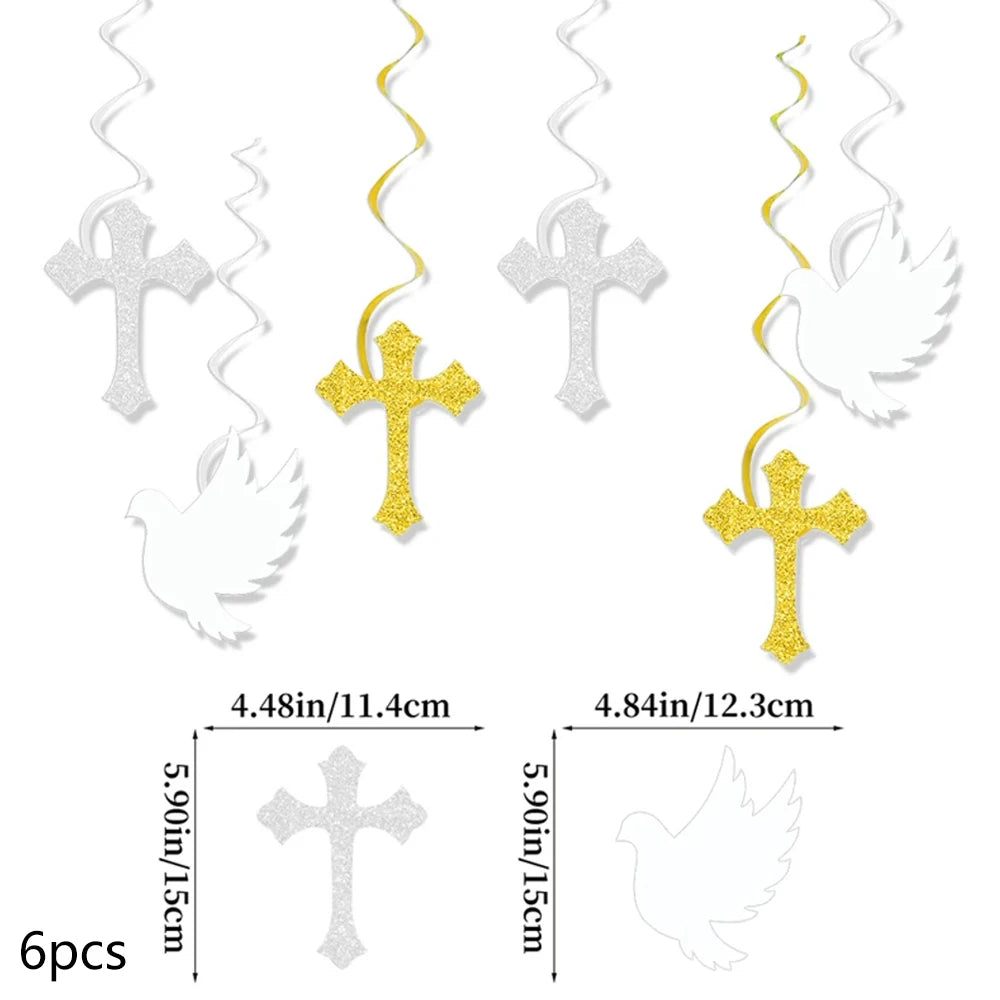 Religious Party Decor Set First Communion Baptism Hanging Swirls & Wooden Confetti Cross Dove Star for Christian Party Supplies Good Vibrations