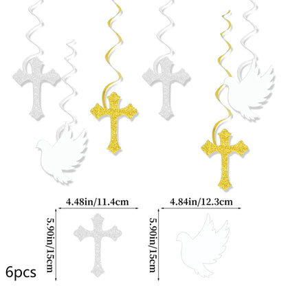 Religious Party Decor Set First Communion Baptism Hanging Swirls & Wooden Confetti Cross Dove Star for Christian Party Supplies Good Vibrations
