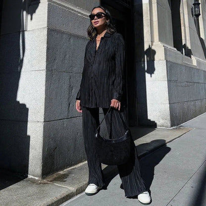 New Two Piece Set Women Outfits Pleated Women's Elegant  Drape Loose Sets Shirt High Waist Trousers Female Suit Fashion Casual Good Vibrations