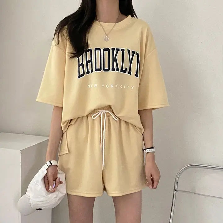 Two Piece Shorts Sets T Shirt Top Shorts Casual Suits 2025 Summer Female Short Sleeve Sporty Outfit Cotton Suit Women Clothing Good Vibrations