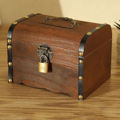 Wooden Retro Treasure Chest Piggy Bank Decorative Box With Lock,Coin,Banknote Storage Box Safe Money Box Gift cofre del tesoro Good Vibrations Adult Super Store