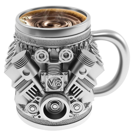 Engine Coffee Mug 350ml Creative Car V8 Engine Coffee Cup with Handle Novelty Stainless Steel Beverage Mugs for Car Lovers Gifts Good Vibrations