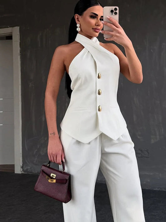 Summer Outfits for Women Halter Neck Waistcoat and High Waist Suit Pants Two Piece Set Office Wear Ladies Casual Suit Good Vibrations