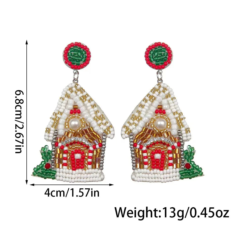 1 Pair Of Fashionable Christmas House Rice Bead Earrings For Women's Party Exaggerated Personality Pure Handmade Bead Earrings Good Vibrations