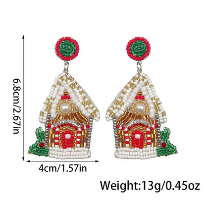 1 Pair Of Fashionable Christmas House Rice Bead Earrings For Women's Party Exaggerated Personality Pure Handmade Bead Earrings Good Vibrations