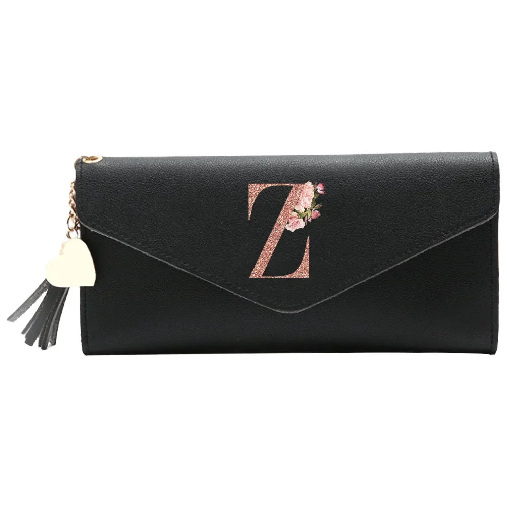 Wallet Black Small Leather Coin Purse Rfid Blocking Wallet Rose Gold Pattern Mini Purse with ID Window for Women Good Vibrations