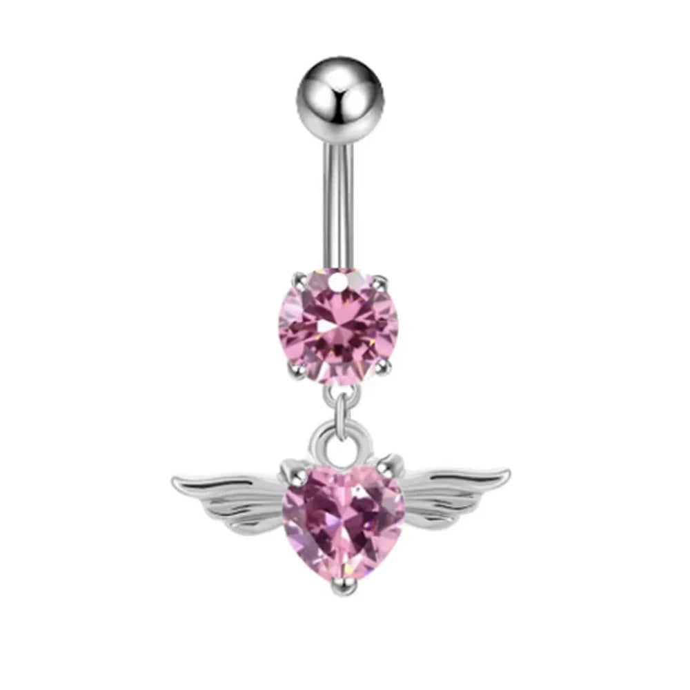 Fashion Pink Crystal Crown Belly Button Rings Stainless Steel Long Pendant Butterfly Heart Navel Piercing for Women Jewelry Good Vibrations Adult Super Store