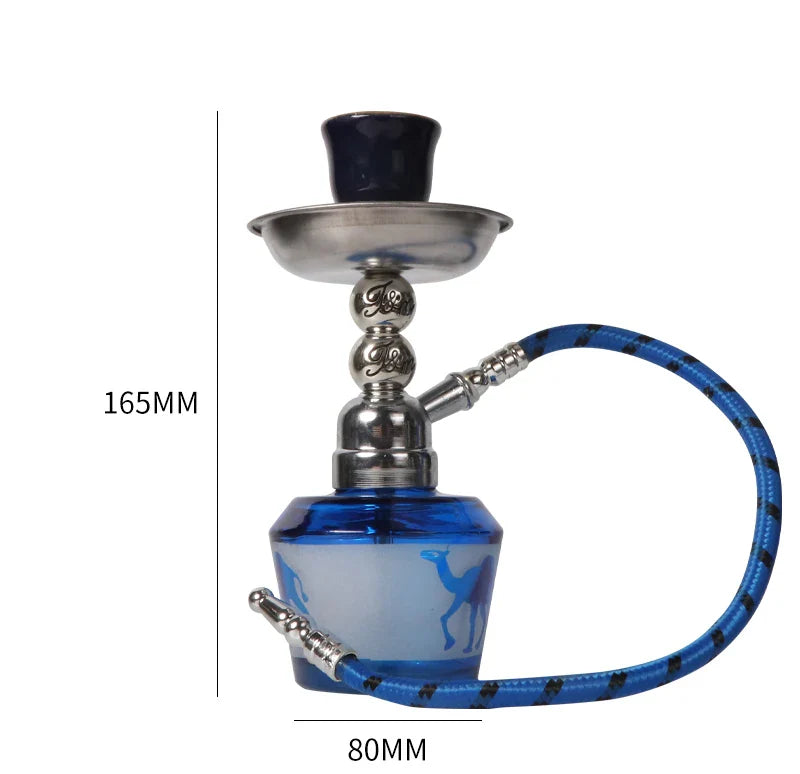 Mini Glass Shisha with Blue Hose and Ceramic Bowl, 165mm Tall, 80mm Base, Portable Hookah Set.