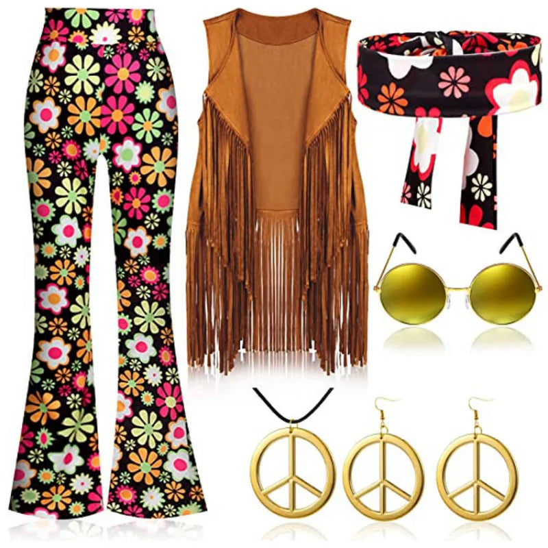 Halloween Hippie Costume Women's Set for Carnival 70s Clothing Accessories Six-Piece Set Tassel Vest+Pants+Headband Set Good Vibrations
