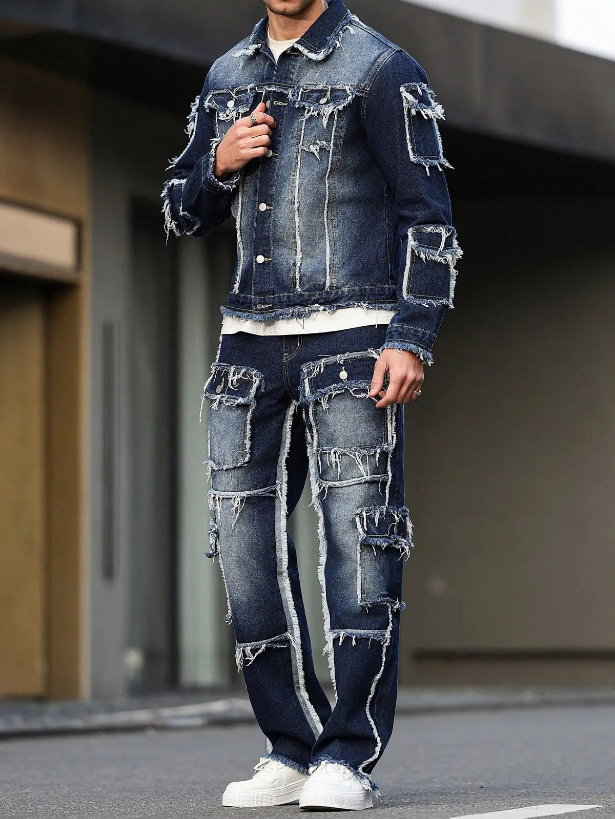 Men's spring and autumn denim suit, multi - pocket design, wide straight - leg pants style Good Vibrations