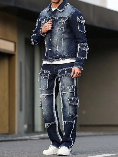 Men's spring and autumn denim suit, multi - pocket design, wide straight - leg pants style Good Vibrations