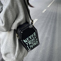 Gothic Shoulder Bag Women PU Leather Coffin Shape Handbag Adjustable Strap Hobo Bag Phone Bag for Halloween Cosplay Good Vibrations