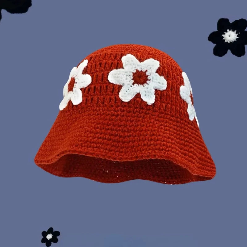 2024 Spring New Crochet Hat Korean Handmade Bucket Hat Women's Weaving Knitted Hat Y2k Fashion Flowers Autumn Winter Ins Beanies Good Vibrations