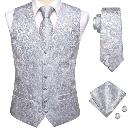 Hi-Tie Black Men Silk Vest Paisley Jacquard Necktie Hankerchief Cufflinks Sets Male Sleeveless V-Neck Waistcoat Business Formal Good Vibrations
