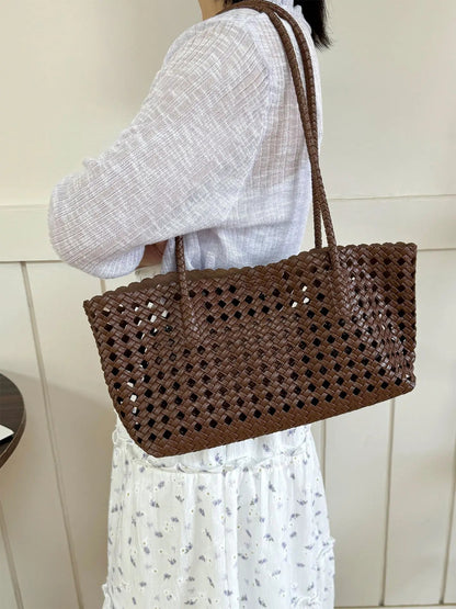 2026 New Fashion Hollow Out Woven Tote Bag for Women Large Capacity Commute Single Shoulder Handbag for Summer Good Vibrations