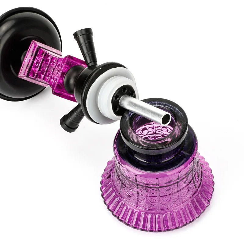 Ceramic hookah set with two tubes and purple glass bottle, ideal for travel or home decoration.