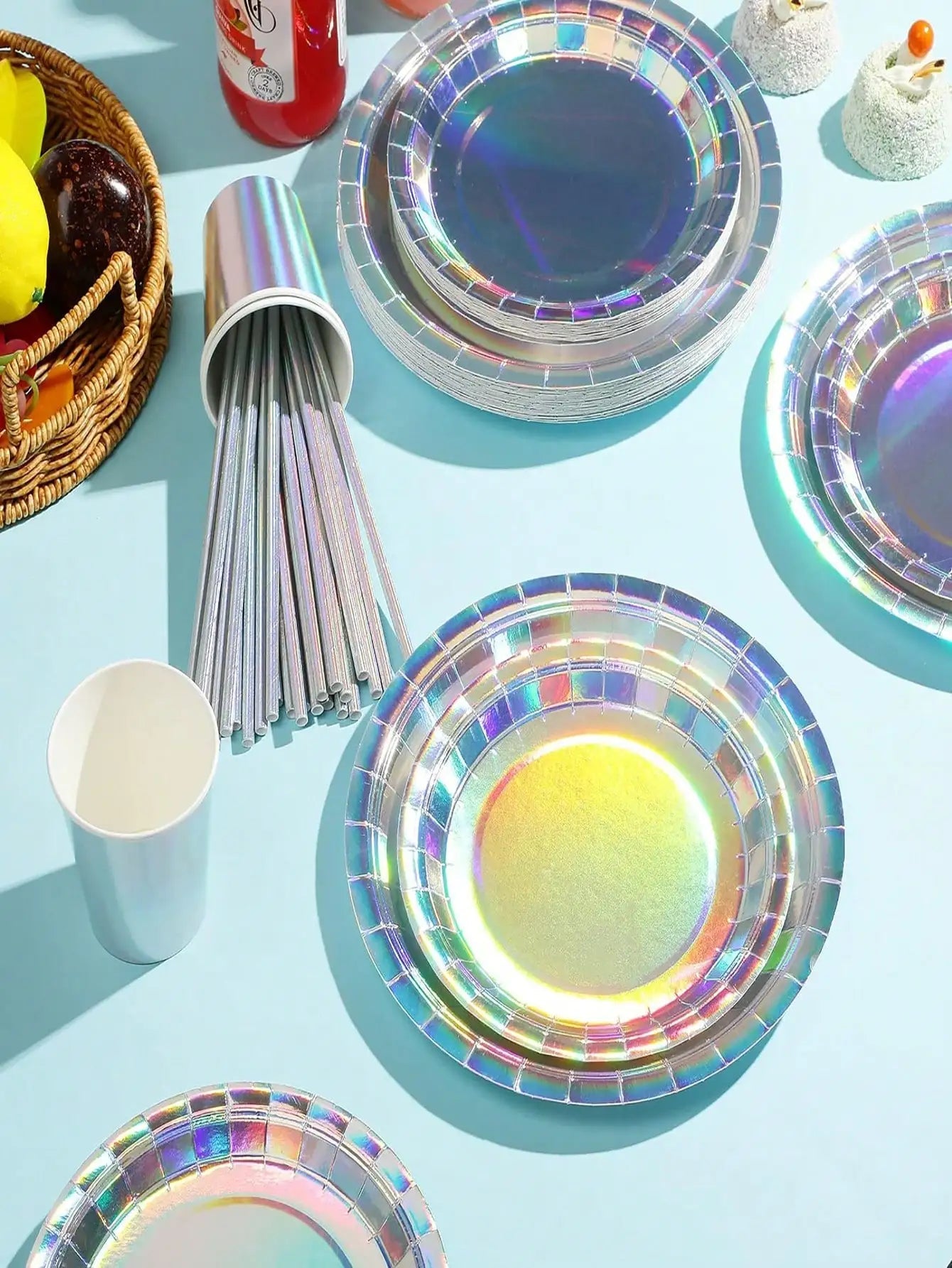 Rainbow Party Supplies Decorations, Holographic Paper Plates and Napkins Set for Birthday Wedding Holiday Party, Christmas Good Vibrations