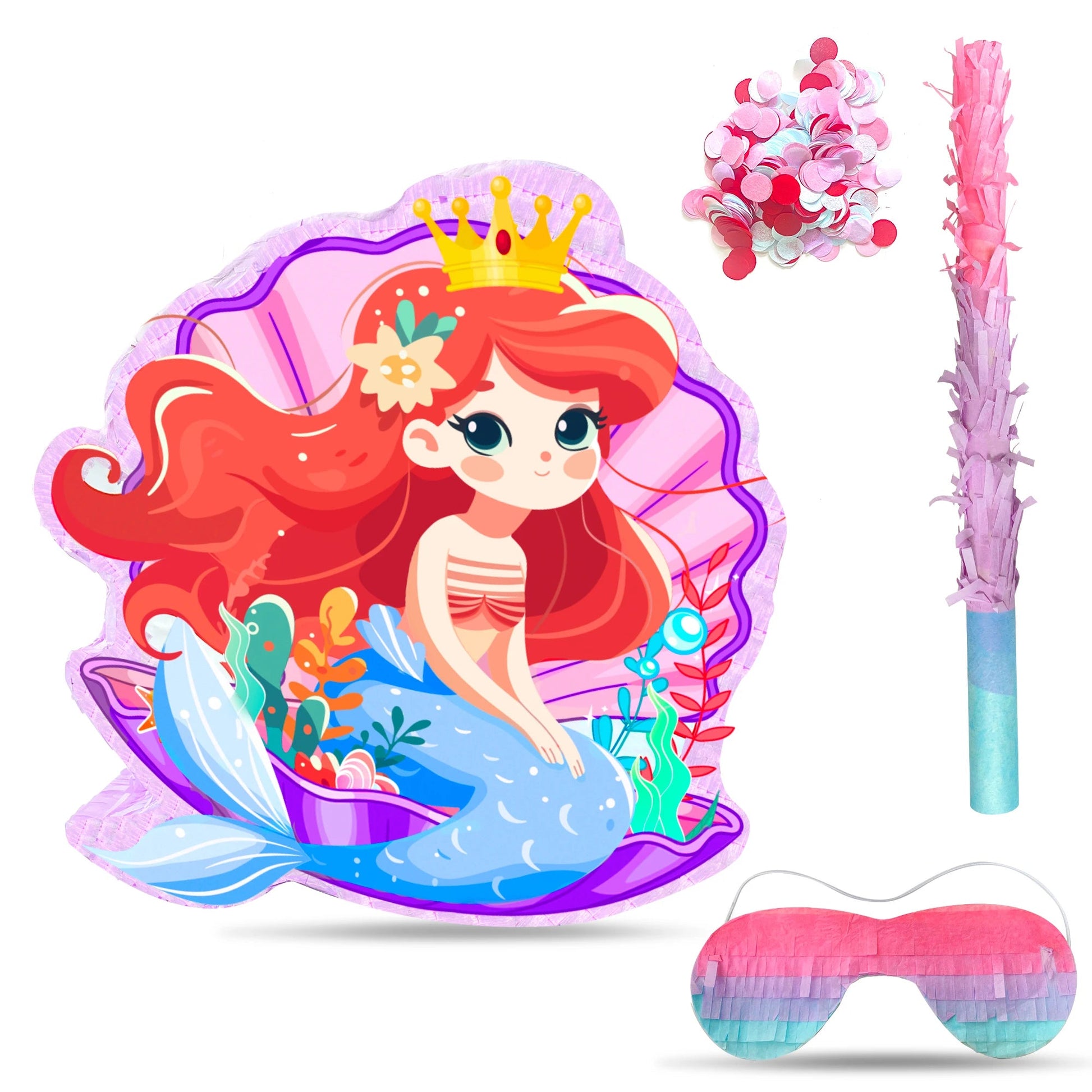 Mermaid Piñata,13.6'' Mermaid Party Pinata Set-Mermaid Piñata Large Blindfold Stick etc Mermaid Birthday Party Supplies for Kids Good Vibrations