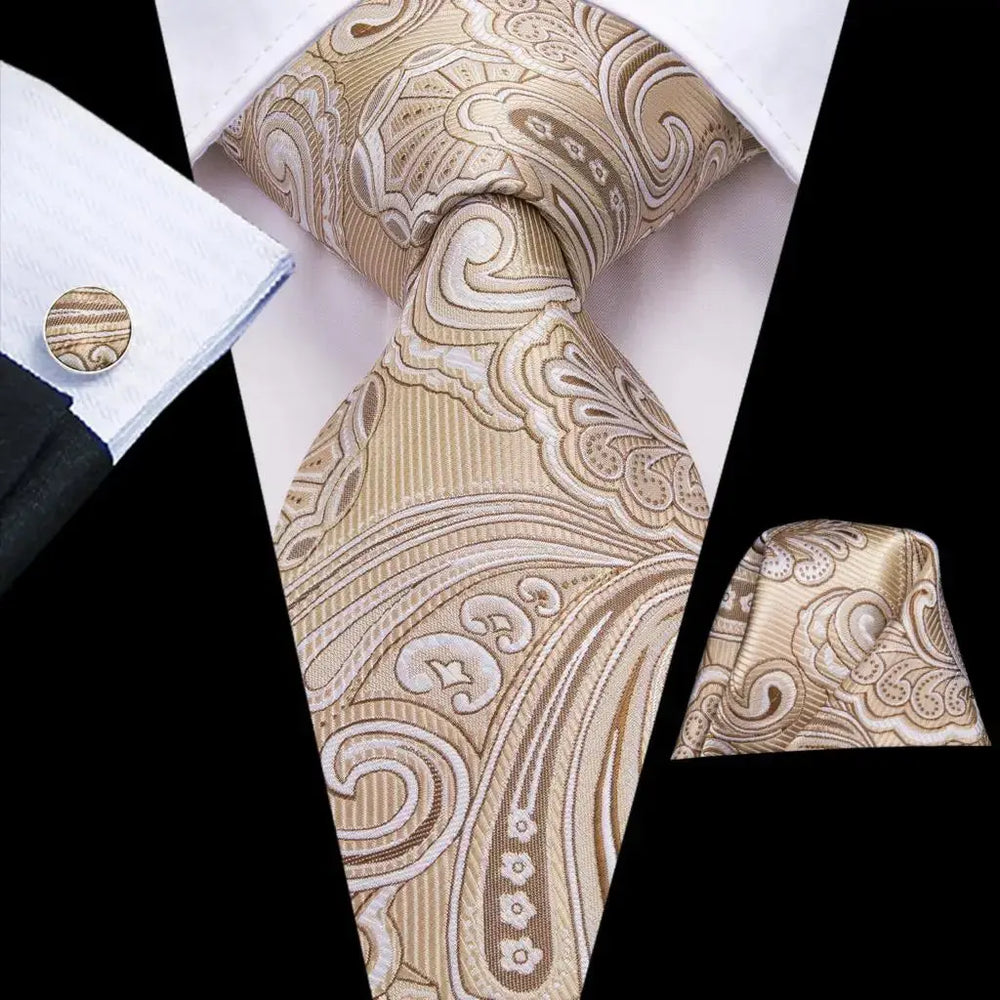 Hi-Tie Champagne Gold Striped Paisley Solid Men Silk Wedding Tie Fashion Design Necktie For Men Hanky Cufflink Business Party Good Vibrations