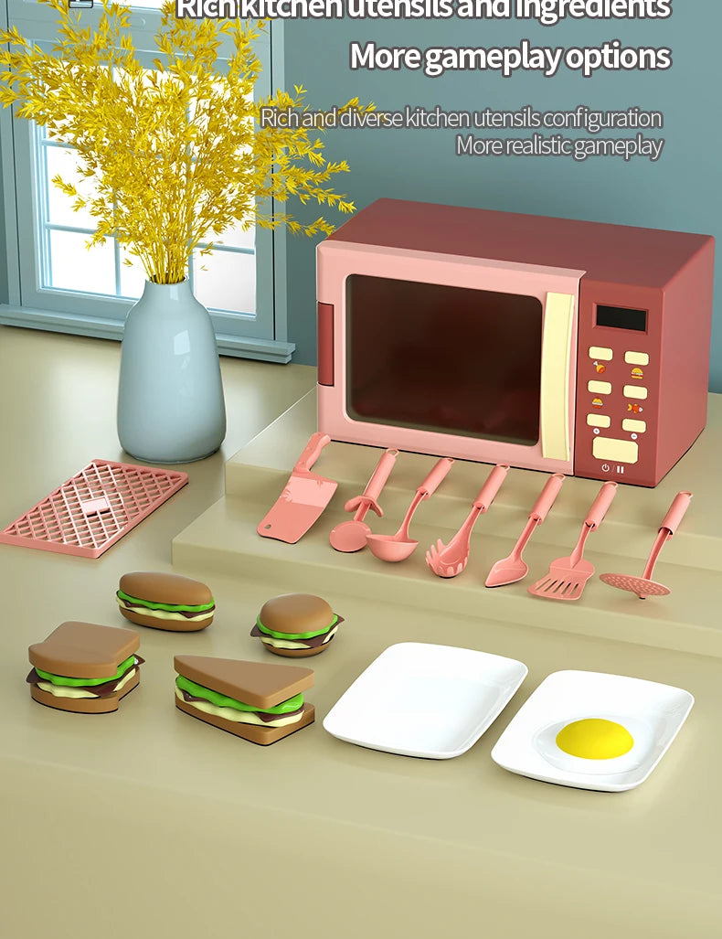 Toy Microwave Oven Playset with Light and Sound, Toy kitchen Appliances for Kids, Play kitchen accessories and Toy Food for Kids Good Vibrations
