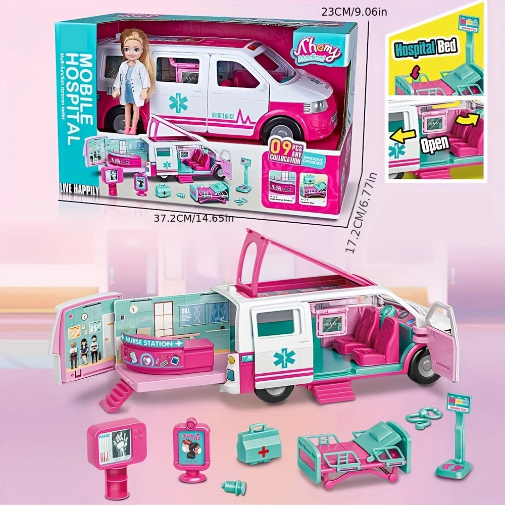 Toy Model Ambulance School Bus Puzzle Inertia Toy Car Playhouse Doctor Toy Car Model with Doll Accessories Christmas Gift Good Vibrations