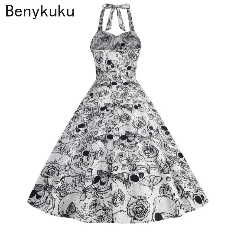 Halloween Costumes for Women Skull Print Halter Dress Sleeveless Tunic Vintage Party Dresses Goth Clothes Masquerade Vestidos Good Vibrations