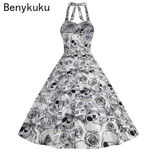 Halloween Costumes for Women Skull Print Halter Dress Sleeveless Tunic Vintage Party Dresses Goth Clothes Masquerade Vestidos Good Vibrations